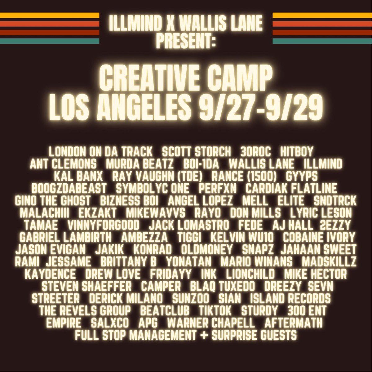 This camp next week is going to be massive. What an honor to be doing this with such an incredible group of creators. The types of songs that will be created are just mind boggling 🤯 Producers, loop makers, songwriters, engineers, executives and sponsors 🙏🏽 Let’s make history ❤️