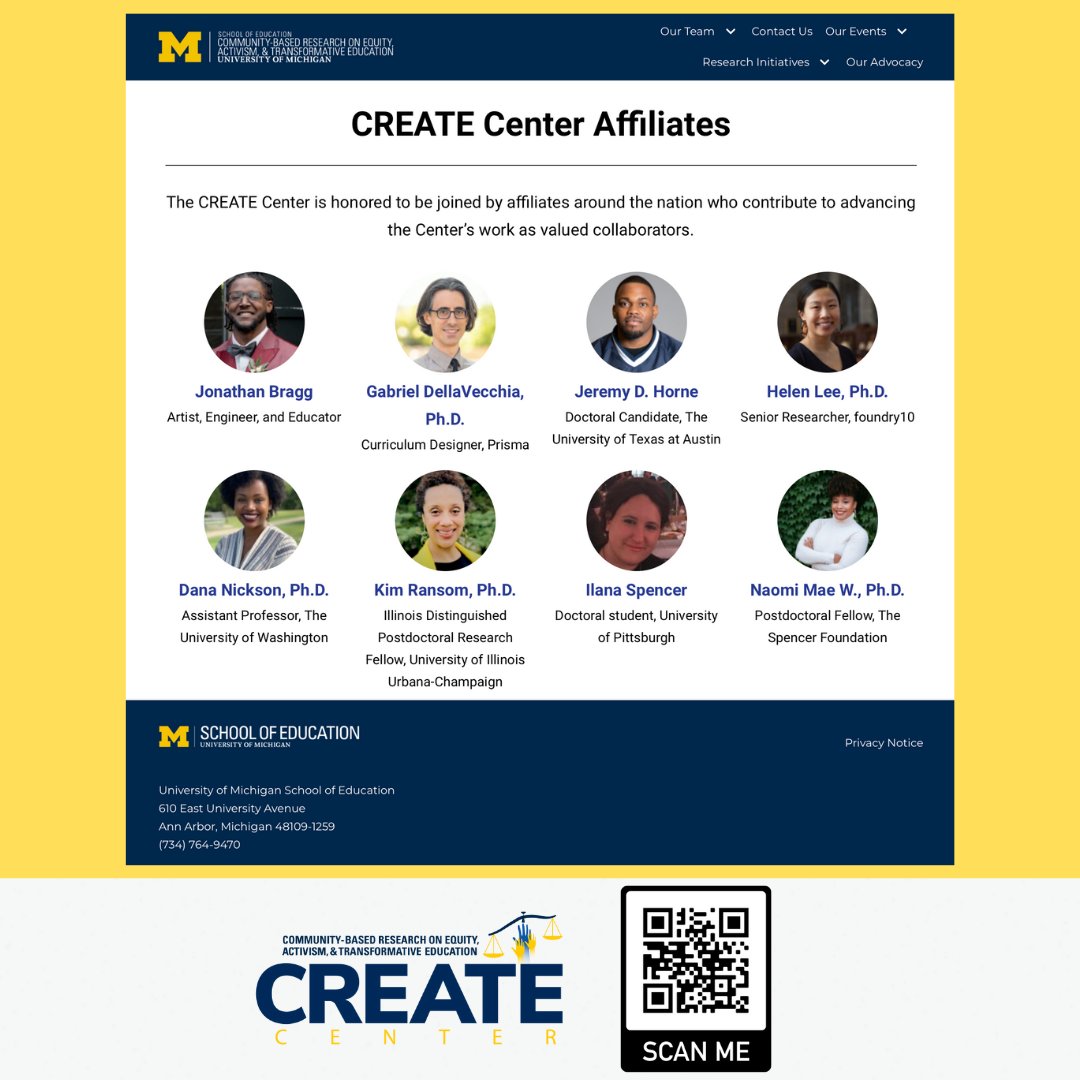 umichcreate's tweet photo. This week we recognize the many contributions of our CREATE Center affiliates—a talented group of educators, researchers, and justice-driven advocates. We appreciate their ongoing contributions to the Center's community-based research, scholarship, programming &amp; advocacy. https://t.co/YWSJOfzAVs