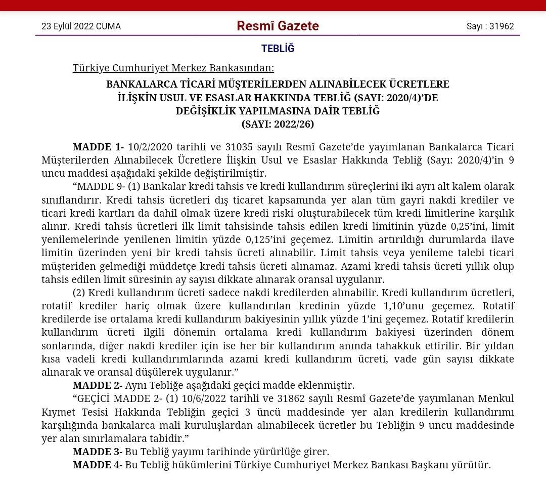 Ticari kredi tahsis ve yenileme ile kredi kullandırım ücretlerine tavan oranlar getirildi...
