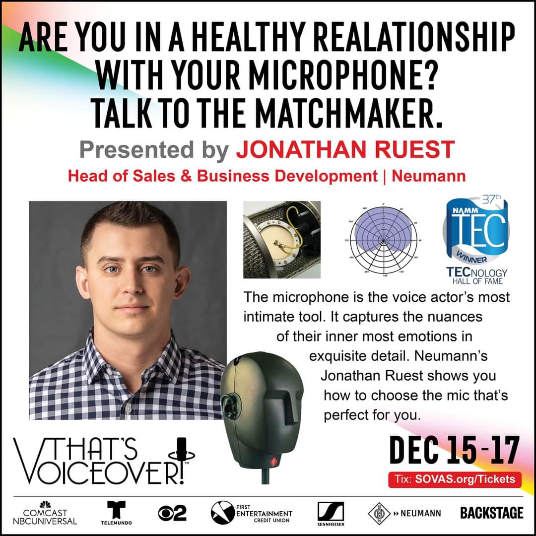 ThatsVoiceover's tweet photo. Meet @NeumannBerlin's, @JonathanRuest. He knows mics from concept to manufacturing to final recording. Jon will show you everything you need to know about mic tech and personal choice. It's all part of That's Voiceover Career Expo. Full schedule and Tix: https://t.co/f4rSxEgOVR https://t.co/QxPSQLRKlt