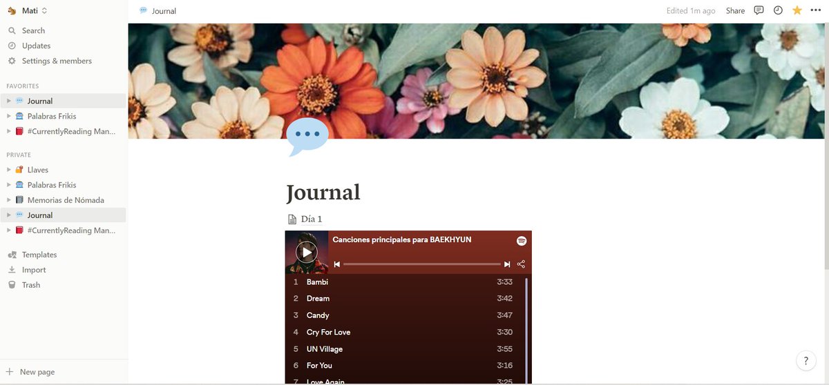 aguaenvenenada's tweet photo. Vengo a avisarles que ya empecé mi reto de 30 días de escritura. Sin ningún plan, ni propósito, sólo 500 palabras contando cómo está yendo mi día. 😊🌼
Con mi playlist de música bonita de @B_hundred_Hyun
#TomamosLaPalabra #notiontwt #MyNotion https://t.co/juTCnPbTVD