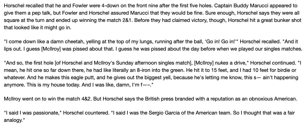 If you're not excited for Billy Horschel's first U.S. team appearance tomorrow since the 2007 Walker Cup when he and Rory got into it and he dubbed himself the Sergio Garcia of America, then I'm not sure what to tell you. https://t.co/nQn6xXQzj8