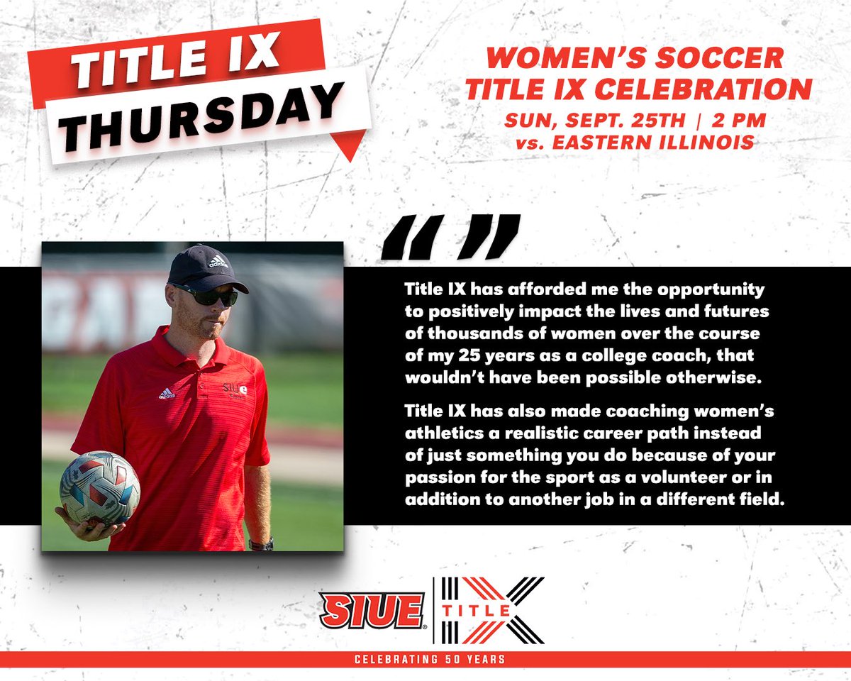 SIUECougars's tweet photo. Welcome to #TitleIXThursday
This week, find out what Title IX means to Head Coach Derek Burton!
In honor of Title IX, this Sunday we invite all alumni and youth to come out. Youth wearing a soccer jersey & alumni who RSVP will get in for free.
Can’t wait to see everyone there! https://t.co/jYkEIPEEWZ