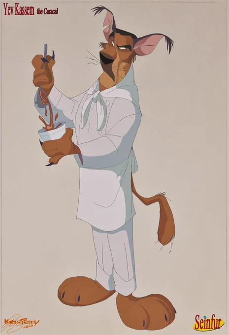 From earlier this year, concept art of soup guy....soup floppa :0 For the most part, his design was pretty much unchanged in the final Seinfeld No Soup For You animatic released over the summer! Also bonus (-COUGH- bingus) cashier sketch wehehe 