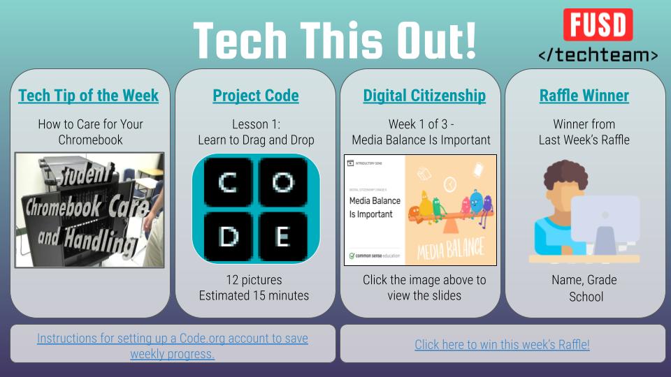 EdTechSarahH's tweet photo. In FUSD, we created "Student Tech This Out!" which includes a weekly Tech Tip, Digital Citizenship Lesson from https://t.co/xhUUaT272M, and https://t.co/ROeKyq8q5S lesson. #DigCit #ISTEchat #FUSD #FUSDEdTech https://t.co/wmL5T7Mr3d