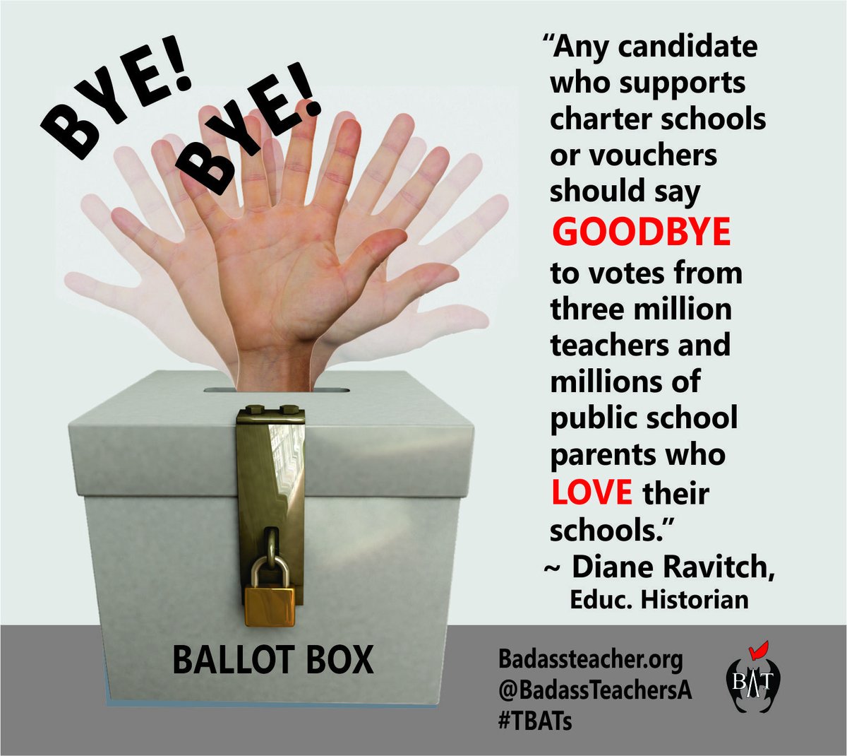 Poll after poll shows that 90% of the public LOVE their public schools. Let's show the candidates in November that we won't support them, if they don't support our schools. #TBATs .<a href="/kansasbats/">Kansas BATs</a> .<a href="/NebraskaBATs/">NebraskaBATs</a> .<a href="/Nodakbats/">NoDakBats</a> .<a href="/SoDakotaBATs/">SouthDakotaBATs</a> .<a href="/TxBats/">Texas Bats</a> .<a href="/MontanaBATs/">Montana</a> .<a href="/WyomingBATs/">WyomingBATs</a>