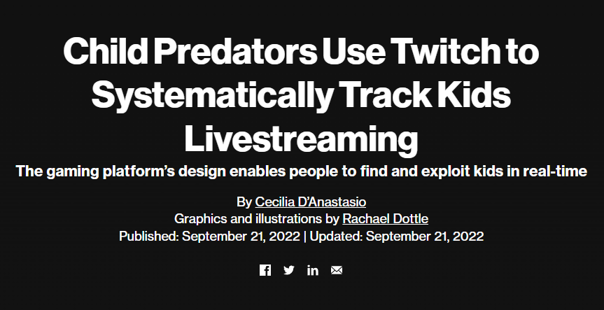 JakeSucky's tweet photo. A gigantic story dropped this week by @cecianasta on the child predation problem present on Twitch. With research showing just how bad this problem has become across many platforms, including the streaming service. 

Please continue. https://t.co/5D02jSZdmE https://t.co/pux25jX2oO