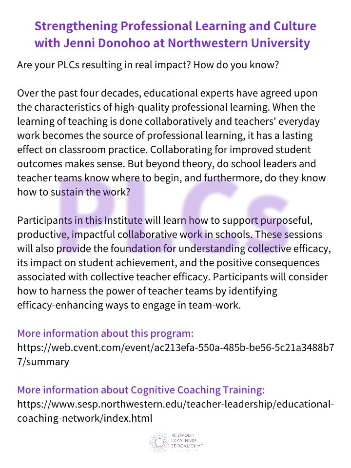 Strengthening Professional Learning and Culture with Jenni Donohoo at Northwestern University

Are your PLCs resulting in real impact? How do you know? 

More information about this program:
web.cvent.com/event/ac213efa…