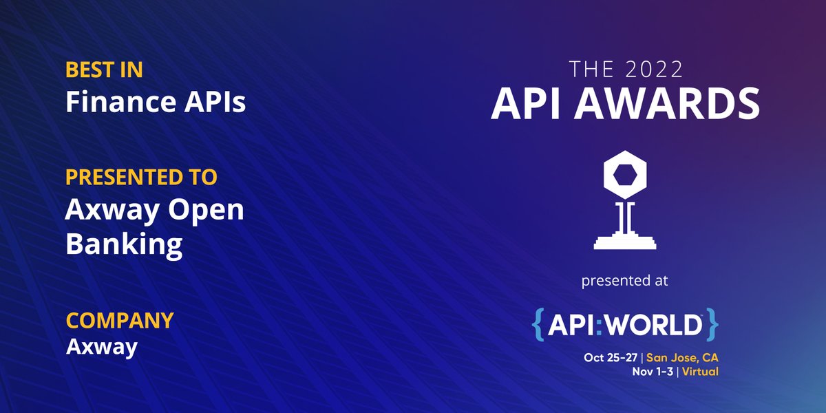 AxwayCEO's tweet photo. We are honored to be recognized for our hard work. Winning this award for Best in Finance APIs at the 2022 API Awards is evidence of our growth so far and our vision for what's ahead. https://t.co/behigwNfLE https://t.co/04fHltt7uT