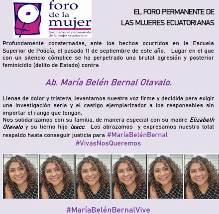 ForoMujeresEc's tweet photo. Consternadas ante feminicidio ocurrido en #EscuelaSuperiorPolicia donde con silencio #Complice se ha perpetrado #DelitoDeEstado.  A @CarrilloRosero y @LassoGuillermo les exigimos respuestas serias y sanciones ejemplarizadoras. A @elizabethotaval y su nieto Isacc los abrazamos💜 https://t.co/3NDkhA61XW