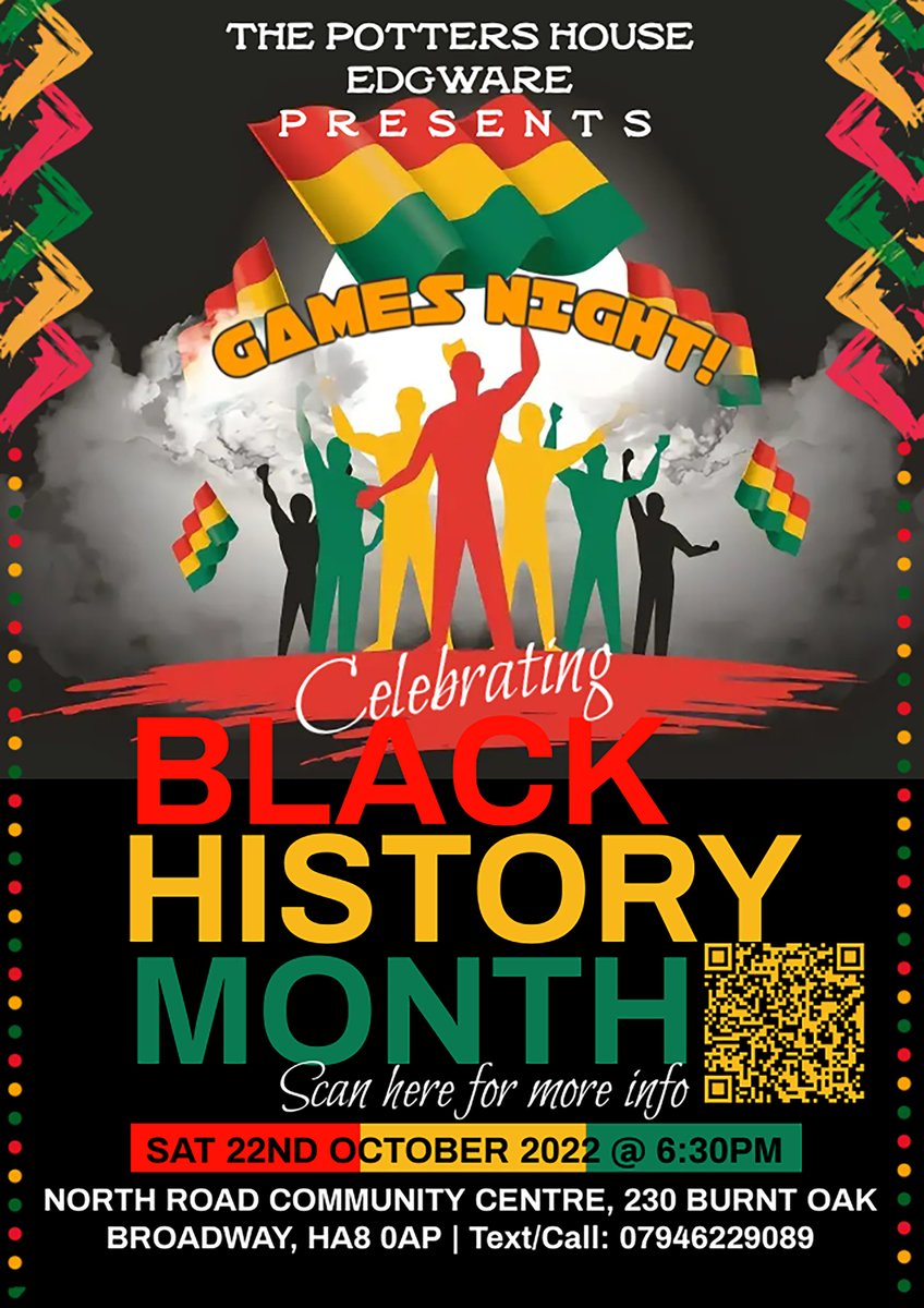 phedgware's tweet photo. We will be hosting a Black History Month games night on Sat 22/10/22 at 6:30pm. 🎈A fun and interactive evening✨. Lots of prizes to be won🎁. Come on in and join the fun🎉. #blackhistorymonth #gamesnight #edgware https://t.co/9G09VWrrr9
