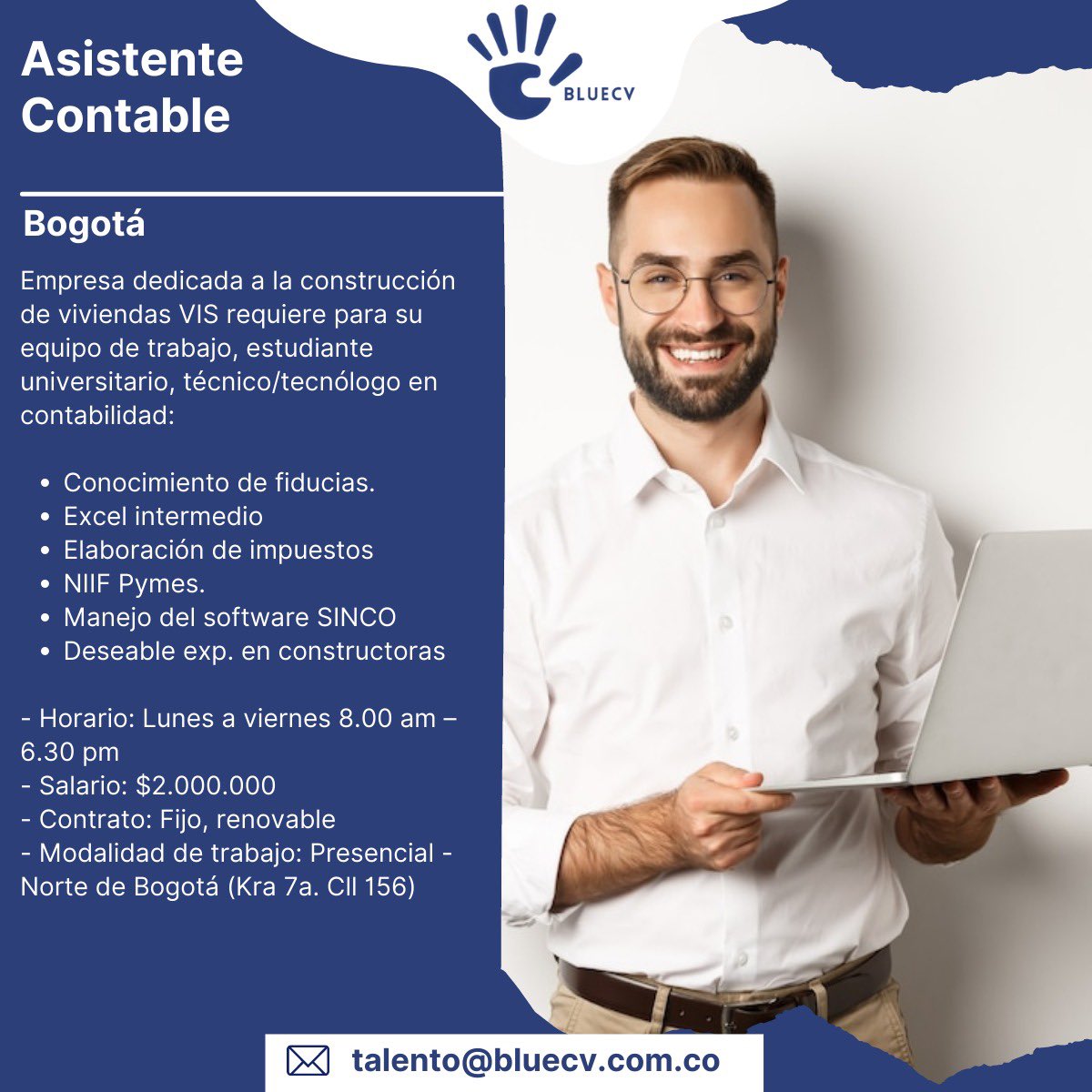 soybluecv's tweet photo. Hola, estamos en la búsqueda de Asistente  contable en la ciudad de #Bogota 
Ayúdanos retwitteando o recomendado esta oferta laboral.

#ofertalaboral https://t.co/KeiAFGfZDr
