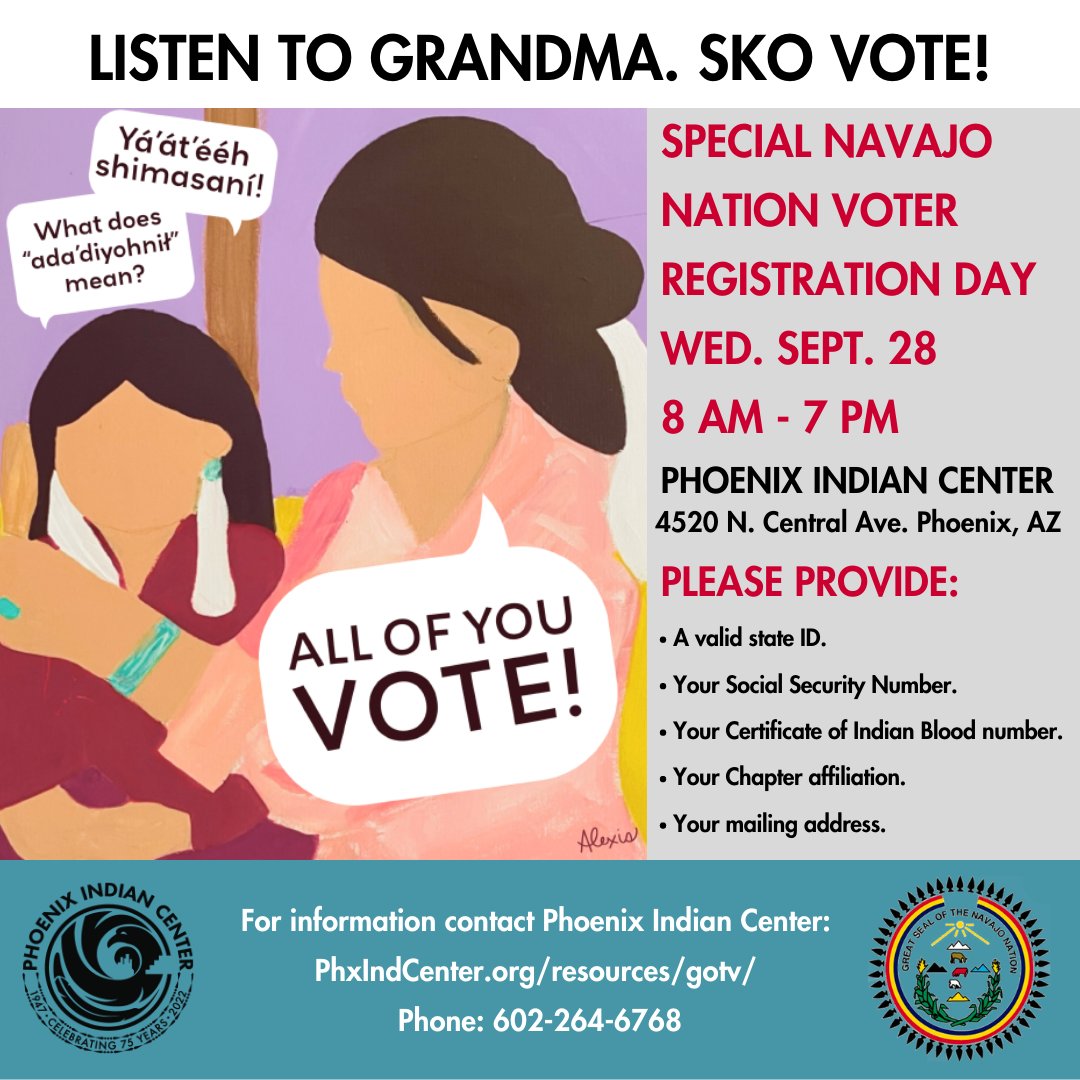 PhxIndCenter's tweet image. Voter Registration #NavajoNavajo Deadline is Friday, Sept. 30! Our office will host extended #VoterRegistration hours on Sept. 28, 8 AM – 7 PM.  Come &amp;amp; register for the Nov. 08 election! For more info, visit : bit.ly/3BH8owp or call 602-264-6768.  #NativeVote22 #Phoenix