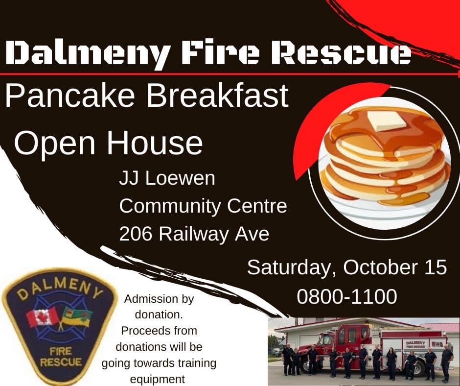 Dalmeny Fire Rescue is proud to invite the community to our Pancake Breakfast at the JJ Loewen Community Centre! In conjunction with Fire Prevention Week, we will also have vehicles and apparatus to check out, and a special appearance by Sparky!
Hope to see you there 🥞🚒🔥