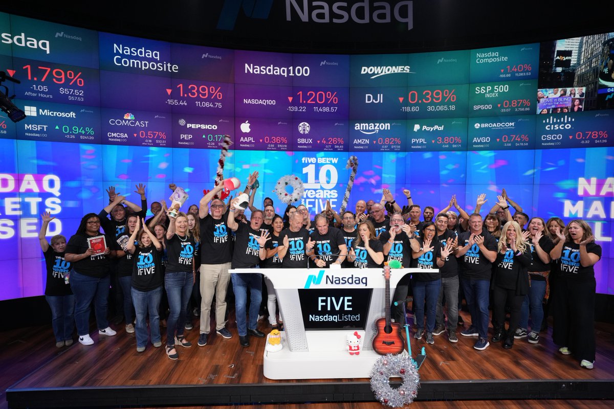 Take five and celebrate <a href="/fivebelow/">Five Below</a>’s 10th listing anniversary at the <a href="/NasdaqExchange/">Nasdaq Exchange</a> Closing Bell. 🎉

As a leading high-growth value retailer offering trend-right, high-quality products, $FIVE believes life is better when customers are free to "let go &amp; have fun”. #NasdaqListed