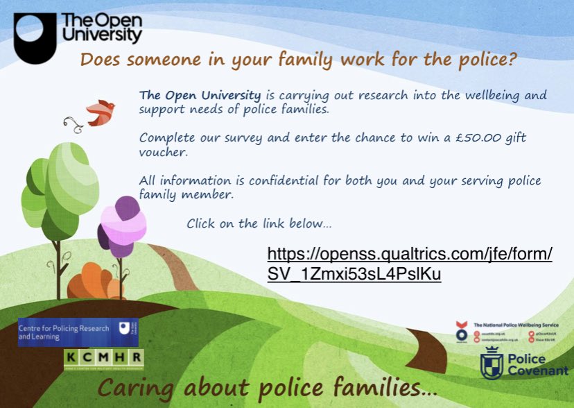 Gini Harrison (@giniharrison) on Twitter photo Does someone in your family work for the #police? The OU is doing research into the wellbeing & support needs of police families.
Get more information and take part by clicking here: 
openss.qualtrics.com/jfe/form/SV_1Z… Does someone in your family work for the #police? The OU is doing research into the wellbeing & support needs of police families.
Get more information and take part by clicking here: 
openss.qualtrics.com/jfe/form/SV_1Z…