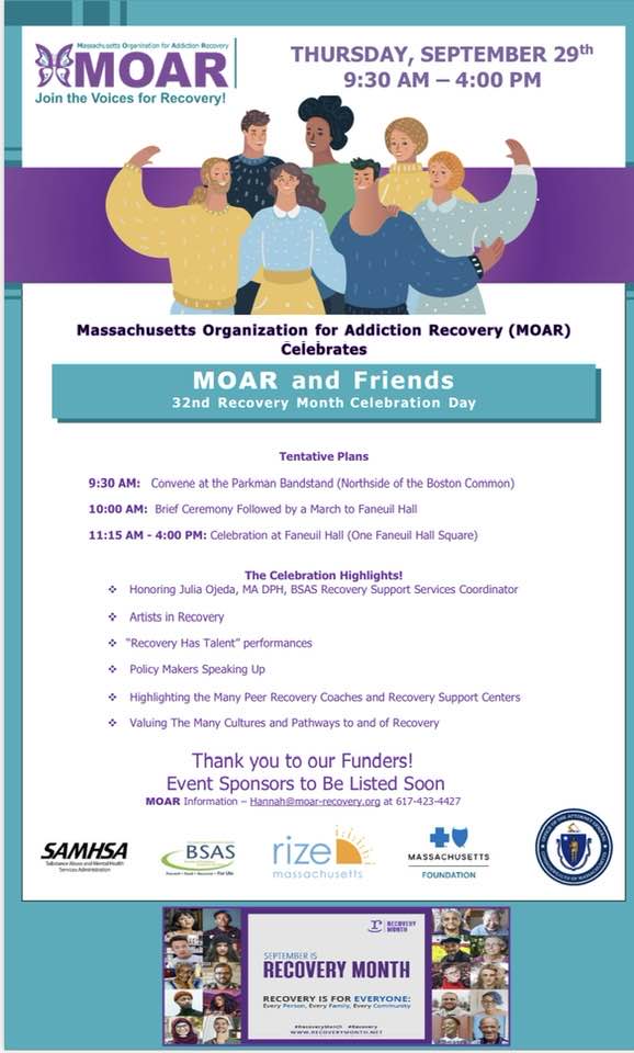 Next Thursday, September 29, <a href="/MoarRecovery/">MOAR-Recovery</a> will hold its Massachusetts Recovery Day. The event will start in the Boston Common and march down to Faneuil Hall. Join recovery advocates, treatment providers, and policymakers in celebrating #RecoveryMonth!