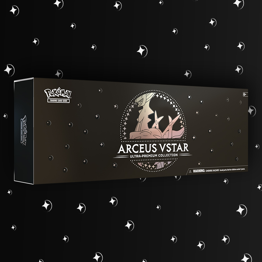 PokemonTCG's tweet photo. 🌟 Arceus’s star shines bright in the #PokemonTCG: Arceus VSTAR Ultra-Premium Collection. 🌟 

Each collection contains metal cards starring Arceus V and Arceus VSTAR, 15 boosters ✨, additional metallic goodies &amp; more!

Available exclusively @GameStop: https://t.co/33L7W1SHXs https://t.co/hoqoGfMqrE