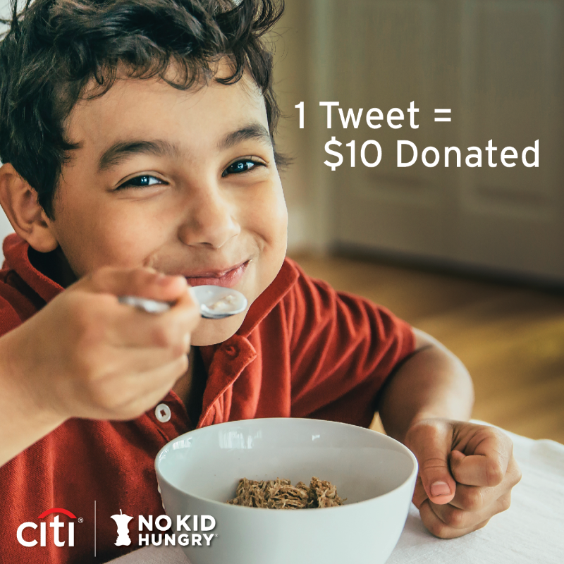 Citibank's tweet photo. 1 hungry child is too many. 9 million in the US is a crisis. Take action now! Retweet this post and @Citibank will donate $10 to @NoKidHungry through 9/30 or when we reach our $1 million goal. $10 can help provide 100 meals for kids in need. #CitiGiving #GlobalCitizenFestival