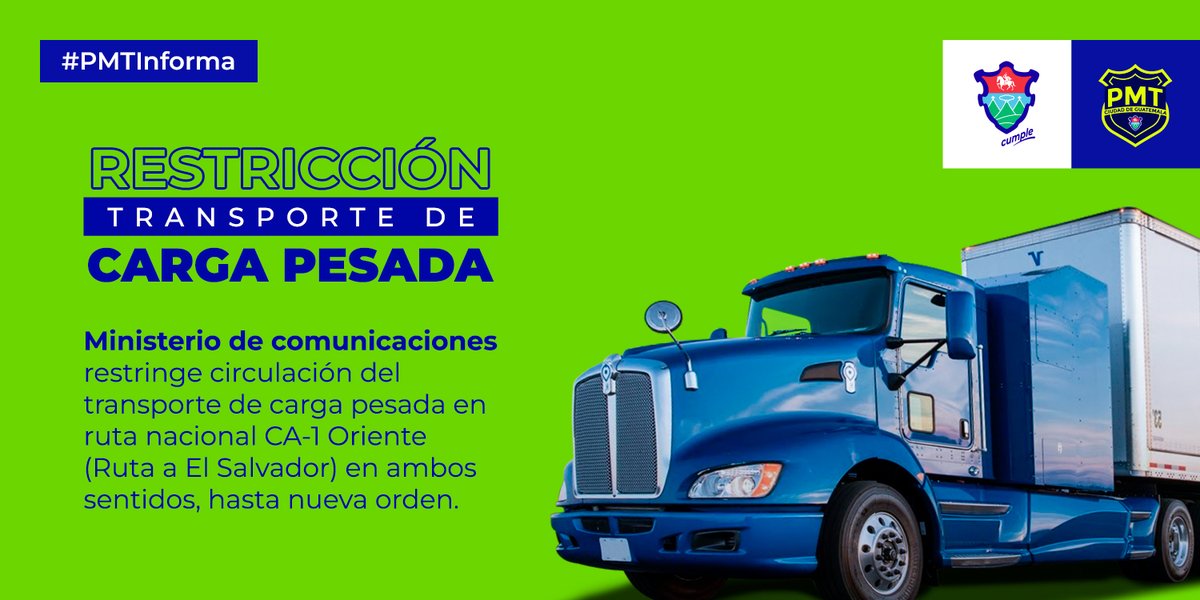 PMTMuniGuate's tweet photo. 🚨 ¡Atención!🚨
Debido a emergencia del km 11.5, ruta El Salvador, Ministerio de Comunicaciones restringe la circulación en ambos sentidos de transporte de carga pesada. Tomar precaución y respetar la señalización de prevención. 

#TrabajarParaServir #TráficoGT https://t.co/BoZEhs3uGe