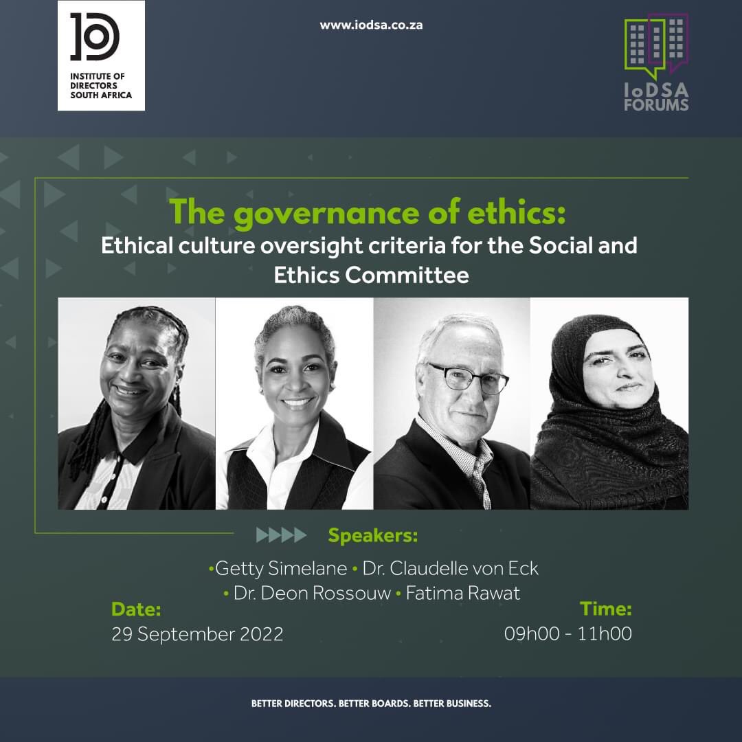 Join us on 29 September 2022 as we discuss the IoDSA’s Governance of Ethics paper: Ethical Culture Oversight Criteria for the Social and Ethics Committee. Register here: iodsa.co.za/events/EventDe…