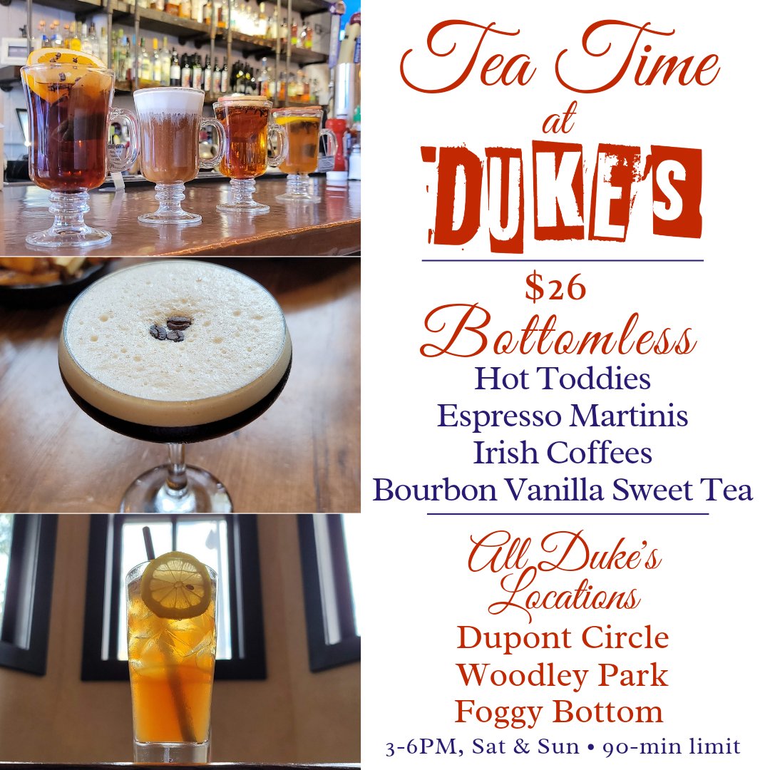 Tea Time? More like ParTea Time‼️ Starting this weekend at all Duke's locations: bottomless Tea Time from 3-6PM. Enjoy AYCD Hot Toddies, Irish Coffees, Espresso Martinis &amp; Bourbon Vanilla Sweet Teas (90-min limit)! 🫖☕️🍸🥃

Come for brunch, stay for #TeaTime. And that's the tea!