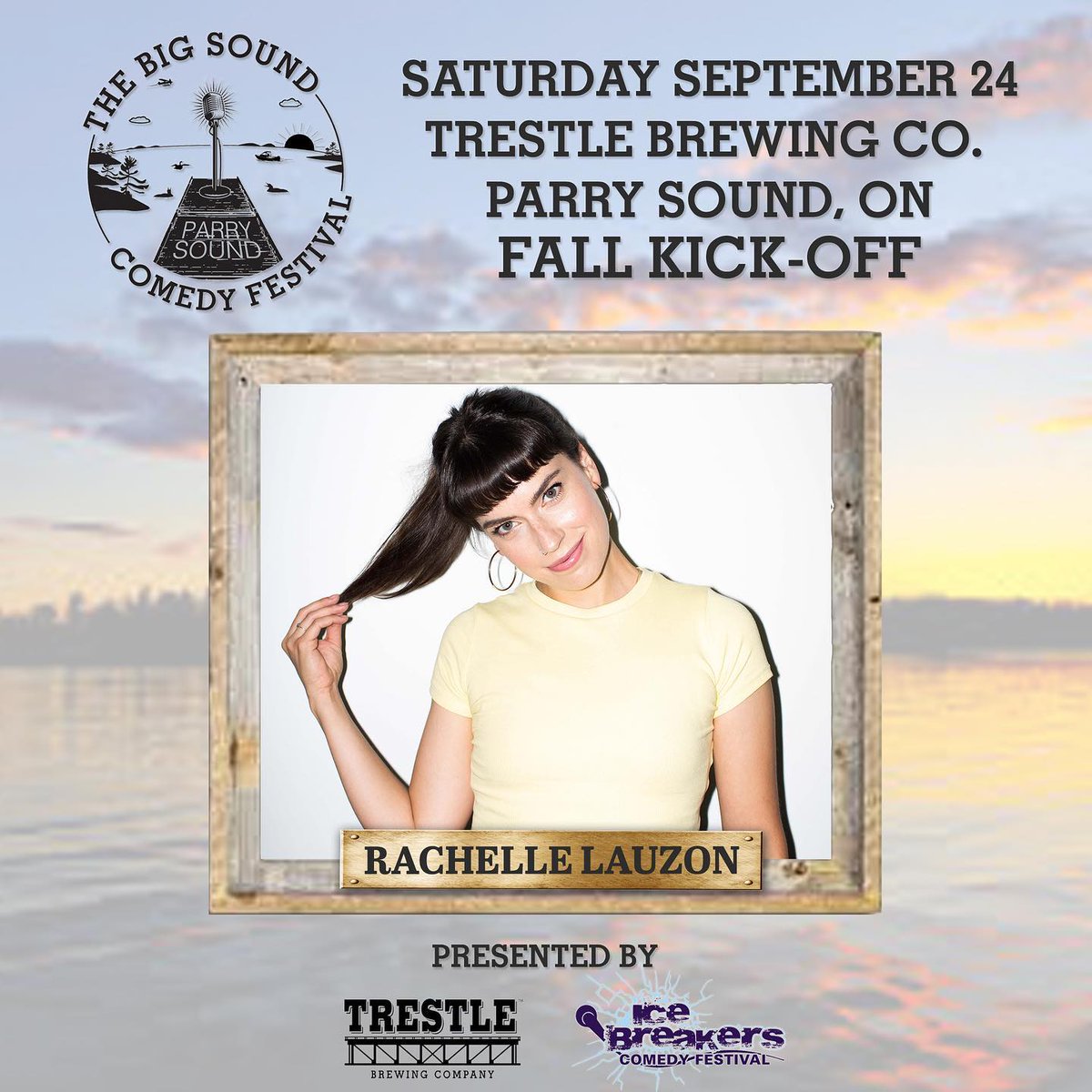 SATURDAY!
The very funny <a href="/Rachellelauzon/">Rachelle</a> is headed north up the 400 to beautiful #ParrySound! 

You can catch her in the Big Tent at <a href="/trestlebrewing/">Trestle Brewing</a> for our fall kick-off of The Big Sound Comedy Festival! 

bigsoundcomedyfestival.com