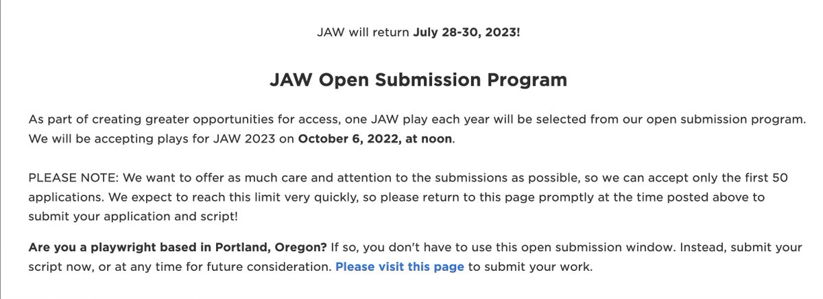 WritingTheWrong's tweet photo. Script Submission Opportunities for PCS!!!
1. Portland Playwrights -- you can send me plays all year long to be considered for JAW and otheropportunities!
2. JAW Open Submissions for playwrights from ANYWHERE open on Oct. 6 at noon! 
more info at https://t.co/ljft69PL67 https://t.co/VE739xm7CG