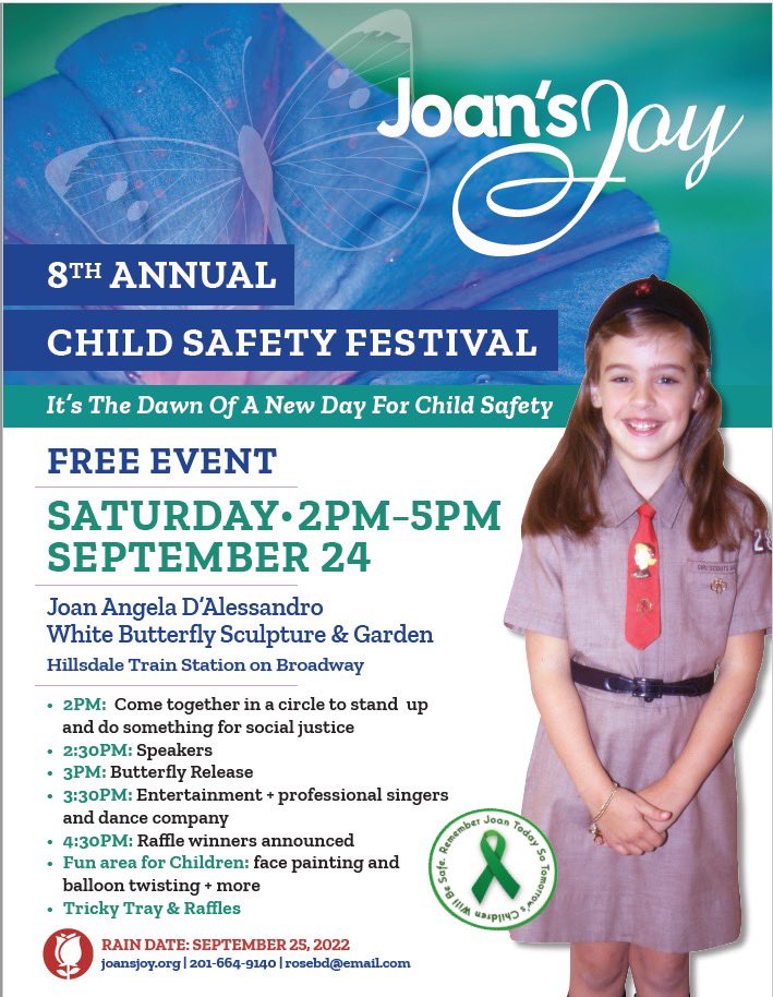 Join us at the 8th annual <a href="/JoansJoy/">The Joan Foundation</a> Child Safety Festival in Hillsdale, NJ, this Sat, Sept 24 from 2 to 5 pm. You can pick up free NJ Safe &amp; Sound educational resources and get valuable tips from the <a href="/NJCoalition/">NJCoalitionAgainstHT</a> on how to protect your children from internet predators.