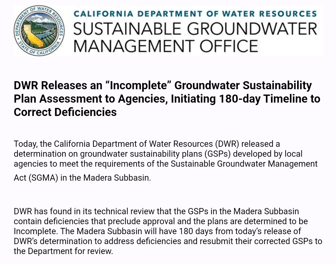 LCJandA's tweet photo. BREAKING: Madera Subbasin groundwater sustainability plans to meet #SGMA requirements found incomplete. Thank you @CA_DWR for taking this important step towards protecting drinking water users by requiring @MaderaCounty to make critical changes. #HumanRight2Water https://t.co/sQpHMSsi1Y