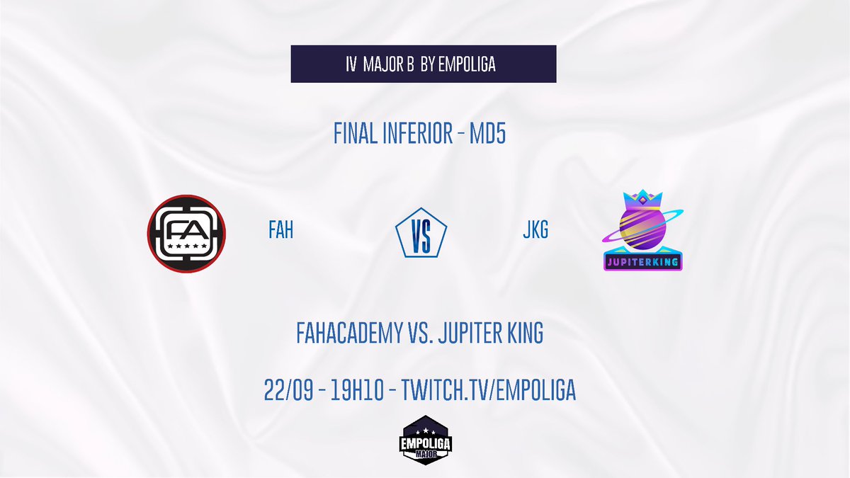 Hoje o segundo finalista da #EmpoligaMajor B será conhecido! Quem enfrentará a <a href="/Frostbitesport/">Frostbite E- Sports</a> na grande decisão?

#FahAcademy x <a href="/jkg_esport/">Jupiter King E-sports</a> 

A partir das 19h10 em twitch.tv/empoliga!