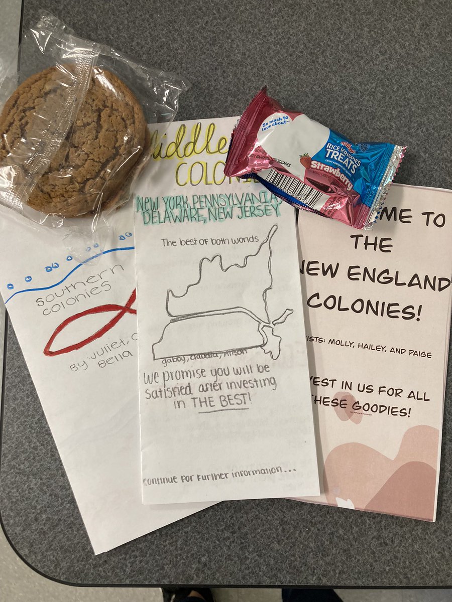 PackerCathie's tweet photo. Brought in an investor today to hear my students pitch out their colonial regions! My students knocked their sales presentations out of the park with slides, costumes, brochures, treat handouts made from products grown in their regions, and even a music video! @IllianaGonzales https://t.co/X1oSBnCbgX