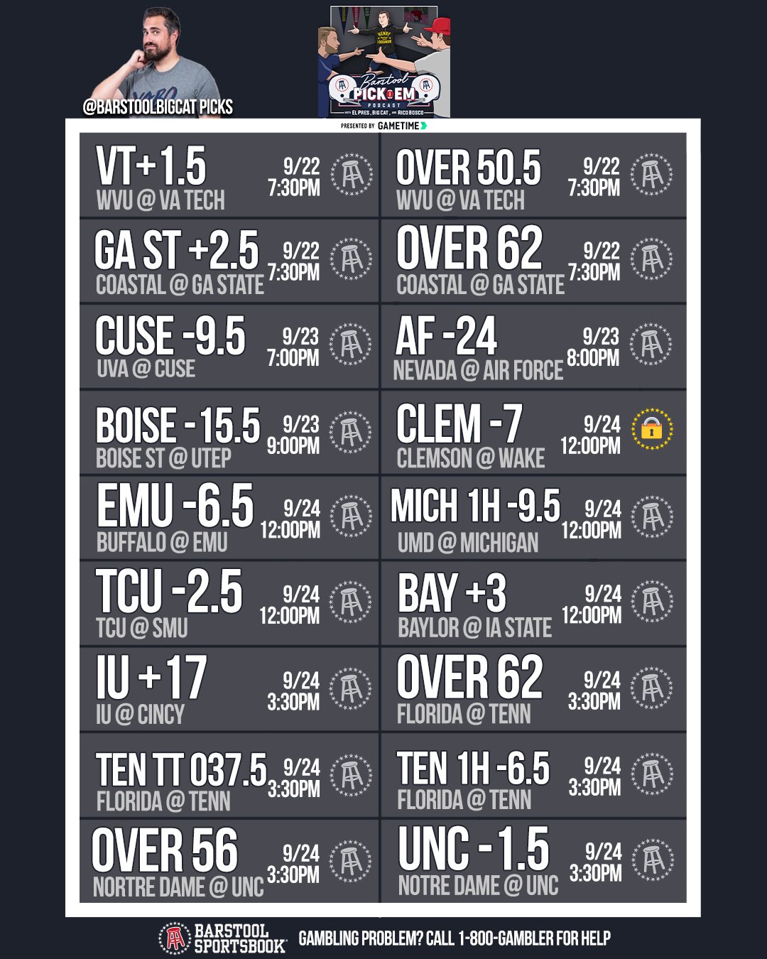 Barstool Pick Em on Twitter ".BarstoolBigCat Week 4 Card https//t.co