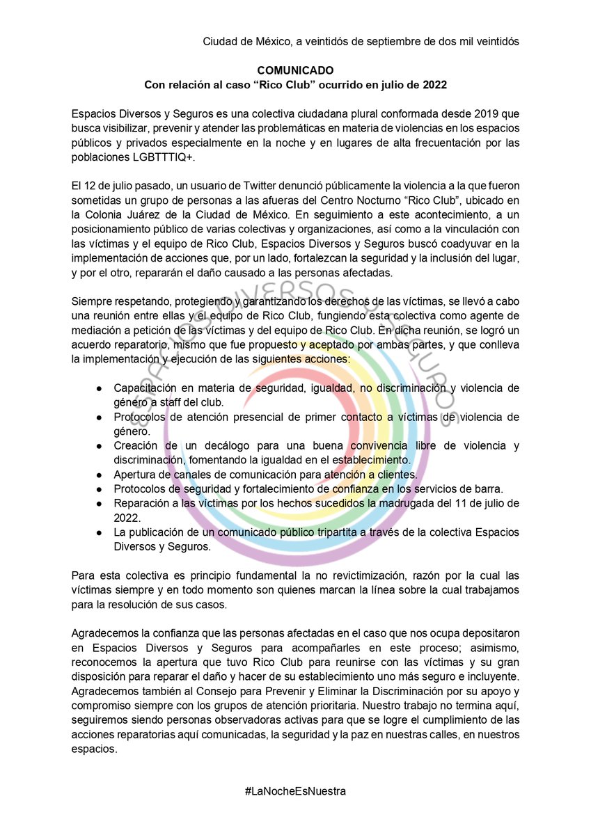 COMUNICADO
Con relación al caso #RicoClub ocurrido en julio de 2022

Se logra acuerdo reparatorio, mismo que fue propuesto y aceptado tanto por las personas afectadas como por Rico Club.

Seguimos observando y trabajando para que se dé el total cumplimiento del acuerdo.