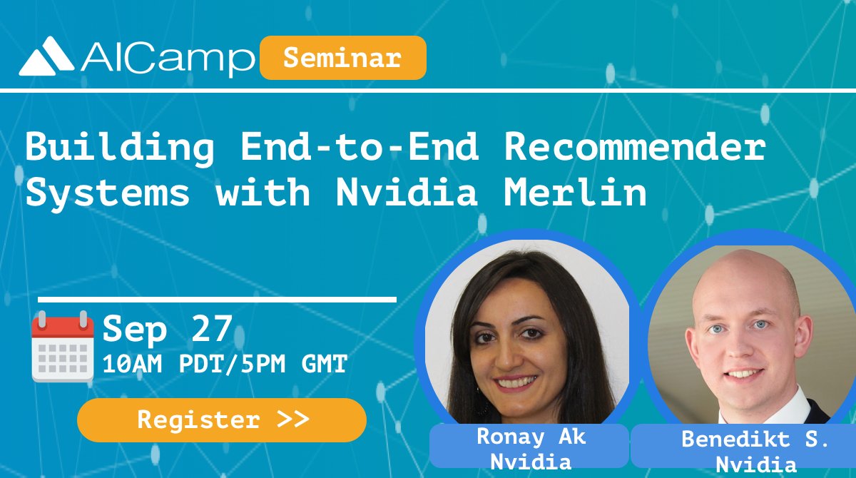 AICamp (@aicampai) on Twitter photo Our ML talk series next week features Building End-to-End Recommender Systems with Nvidia Merlin, by <a href="/ak_ronay/">Ronay Ak</a> & Benedikt from <a href="/NVIDIAAI/">NVIDIA AI</a> <a href="/Even_Oldridge/">Even Oldridge</a>
📚 Join to win 5 recsys books by <a href="/PacktPublishing/">Packt Publishing</a>
⏰ Sep 27, 10AM PT | 5PM GMT
📌 aicamp.ai/event/eventdet… Our ML talk series next week features Building End-to-End Recommender Systems with Nvidia Merlin, by <a href="/ak_ronay/">Ronay Ak</a> & Benedikt from <a href="/NVIDIAAI/">NVIDIA AI</a> <a href="/Even_Oldridge/">Even Oldridge</a>
📚 Join to win 5 recsys books by <a href="/PacktPublishing/">Packt Publishing</a>
⏰ Sep 27, 10AM PT | 5PM GMT
📌 aicamp.ai/event/eventdet…