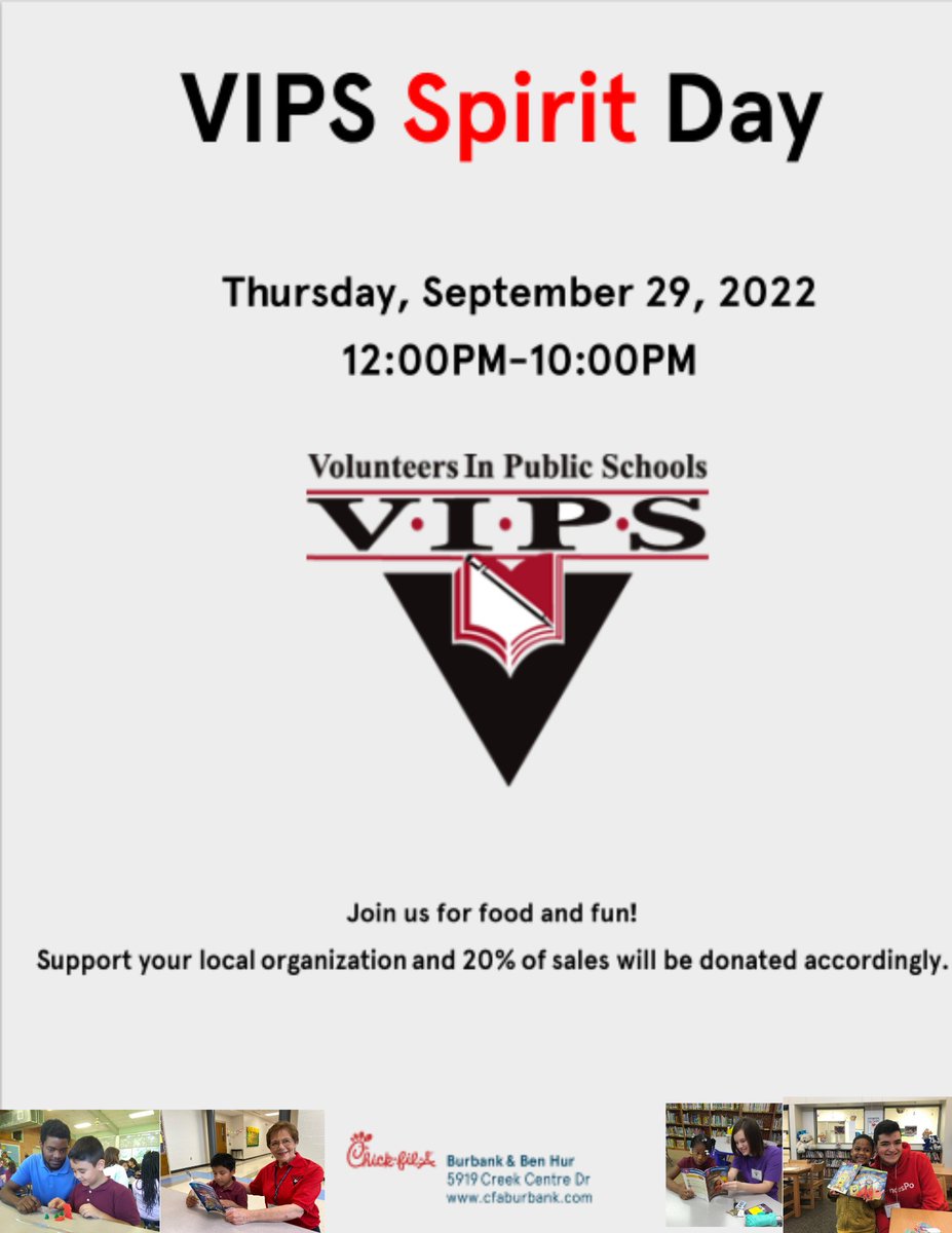 VIPS_BR's tweet photo. Enjoy a meal out while supporting VIPS on Thursday, September 29th from noon to 10 pm.  Visit the Chick-fil-A location at the corner of Burbank and Ben Hur Dr (5919 Creek Centre Dr). Mention VIPS and Chick-fil-A will donate 20% of sales to support our programs! https://t.co/JNhvakfnxm