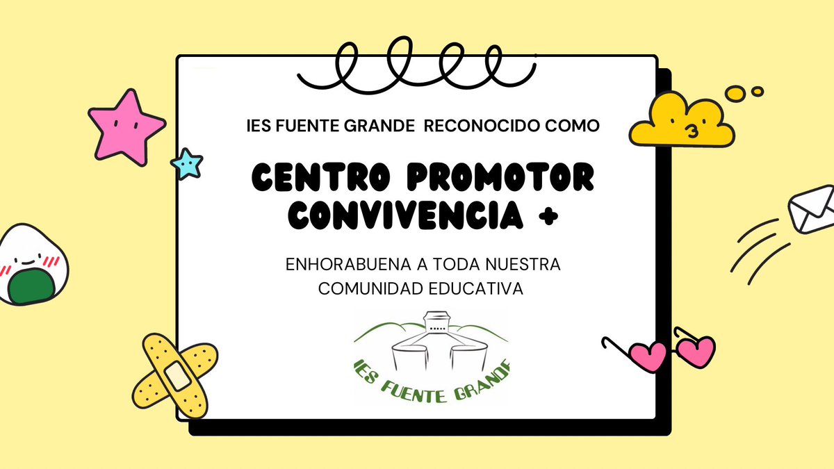 IESFuenteGrande's tweet photo. Un curso más el IES Fuente Grande es reconocido como centro promotor de convivencia positiva (Convivencia +) por @EducaAnd. Llevando a cabo prácticas de éxito educativo dentro del programa Escuela Espacio de paz. @gabinete_cadiz https://t.co/fygdzxsqUa