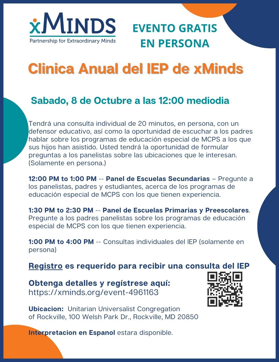 xMindsOrg's tweet photo. Are you wondering what placements and services MCPS offers autistic students? Join xMinds for our FREE IEP Clinic, Saturday, October 8. You’ll hear parents of autistic students, and autistic students themselves, discuss MCPS special ed programs. See https://t.co/uZeR0L4hcz. https://t.co/IgFCiRNxMO