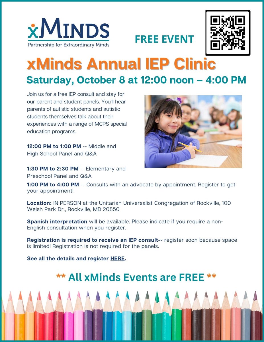 xMindsOrg's tweet photo. Are you wondering what placements and services MCPS offers autistic students? Join xMinds for our FREE IEP Clinic, Saturday, October 8. You’ll hear parents of autistic students, and autistic students themselves, discuss MCPS special ed programs. See https://t.co/uZeR0L4hcz. https://t.co/IgFCiRNxMO