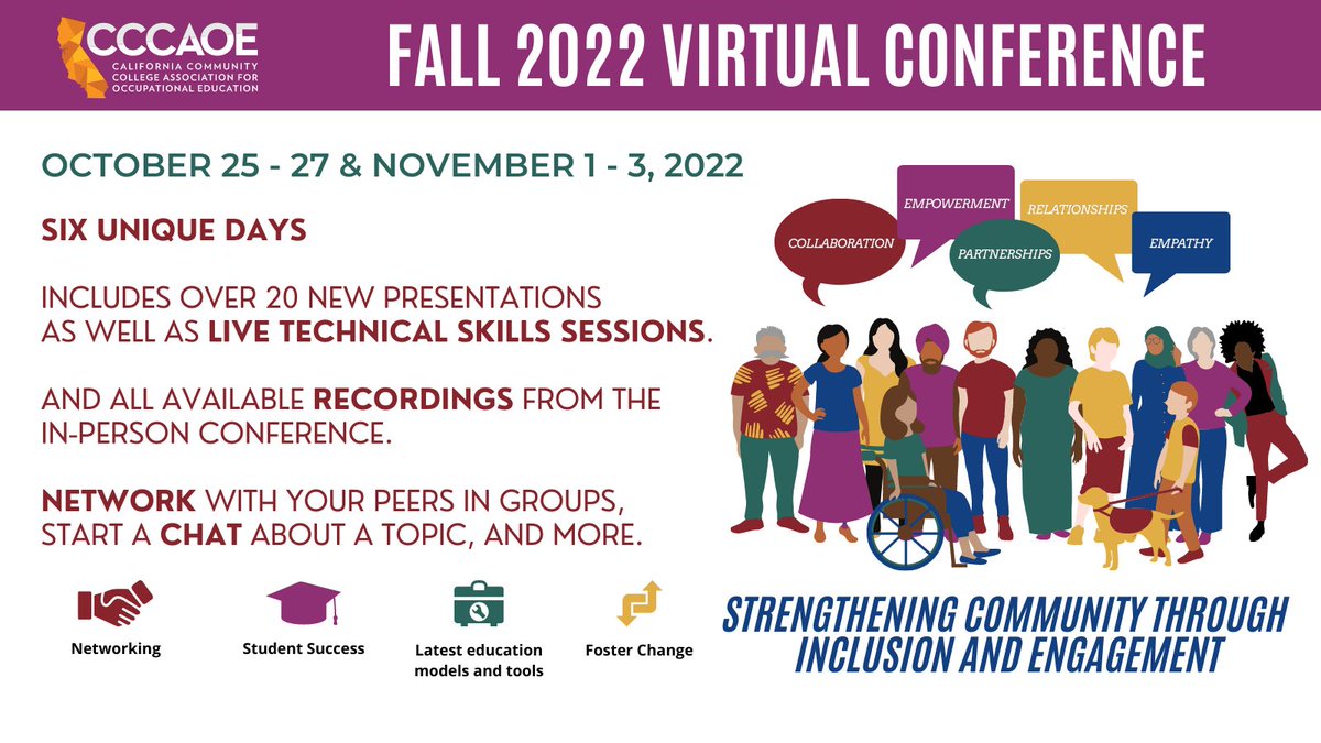 CCCAOE's tweet photo. We are thrilled to offer the Virtual Conference right after the in-person conference. 

Register today!!

Don't forget, if you are attending the in-person conference you also have access to the full virtual conference!

#CCCAOEFall22 #Careers4all #CTE  #SupportCCCeducation https://t.co/dJGXY53Ndh