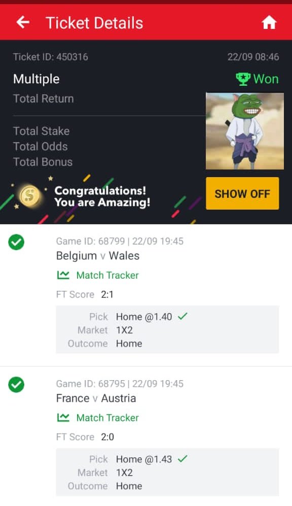 2 Odds Boom!!!!!!

Game WON
Let's win again
@HolyOdds @blade046 @343bettips @Daily10_Odds @Samsonlucas14 @betwin_247 @433tipps @Sure5O @amicablu @1OOtip @bet2win10 @BetLane001 @HushKingBet @BetFocus7 @HayMosesBet @betgains @betsniper2 @BettingRepublic @BettorsSquad @BetCodes_NG