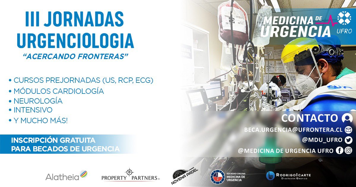 mdu_ufro's tweet photo. 📌3ras Jornadas MDU UFRO 2022
⭕️9/11 Cursos PreJornadas
⭕️10-11/11 Jornadas
✅Reconocidos expositores a nivel nacional se reúnen para hablar de Medicina de Urgencia y Cuidados Críticos en el sur de Chile.

Inscripciones abiertas en https://t.co/kzkn8F0zU8 https://t.co/ZRSHOyD36B