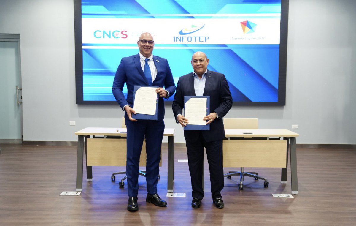 InfotepRD's tweet photo. #INFOTEP y el Centro Nacional de Ciberseguridad (CNCS) firmaron un acuerdo con el objetivo de impulsar desde sus respectivos ámbitos de competencia institucional, una cultura nacional de ciberseguridad que se fundamente en la protección efectiva del Estado dominicano. https://t.co/00O23ESiIJ