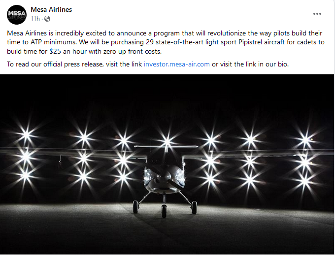 VFRrequest's tweet photo. Ladies and Gentlemen. The time has arrived. Grab a safety pilot and fly for less than $15 an hour! Lol. In all seriousness, props to creative thinking to @MesaAirlines  #pilotshortage #roadto1500 https://t.co/M2EIxt9JuL