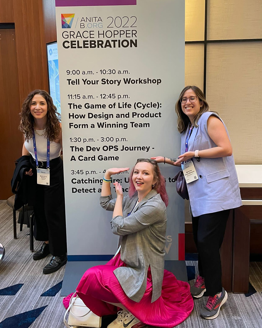 TechAtBloomberg's tweet photo. At #GHC22 today, software engineers Maria Paz Velarde Mosquera &amp; Anna Kulikova were joined by a crowd of conference attendees eager to learn about the important role that #DevOps plays in the #softwaredevelopment life cycle by playing "The DevOps Journey" card game https://t.co/nEtkSqGehh