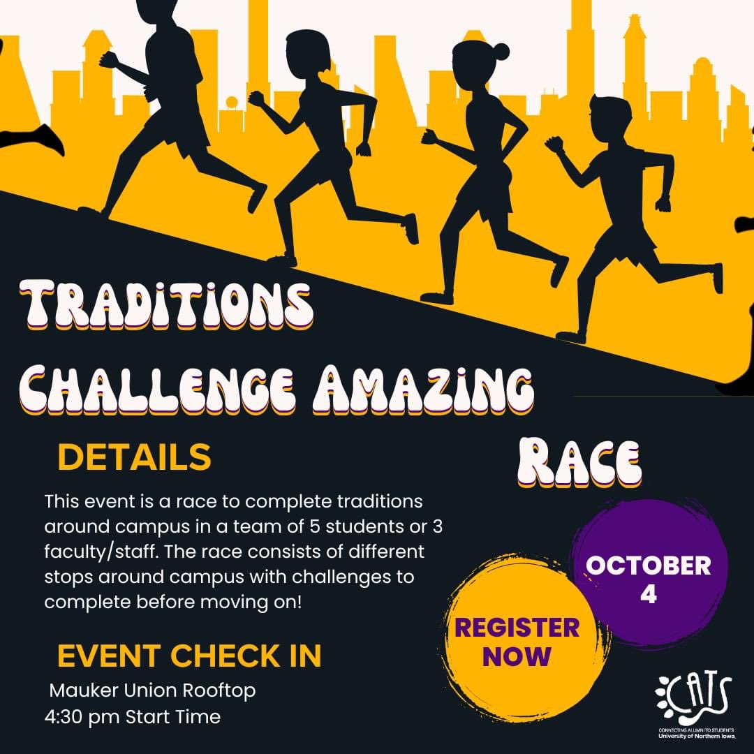 CatsUNI's tweet photo. Lace up your shoes - it's time to race! 

Register now for the 13th Annual Traditions Challenge Amazing Race and compete to be the 🏆 fastest team 🏆 to complete traditions around campus. 

5 student per team OR
3 faculty/staff per team

https://t.co/WubdYGULkK https://t.co/S2ZQKCxikr