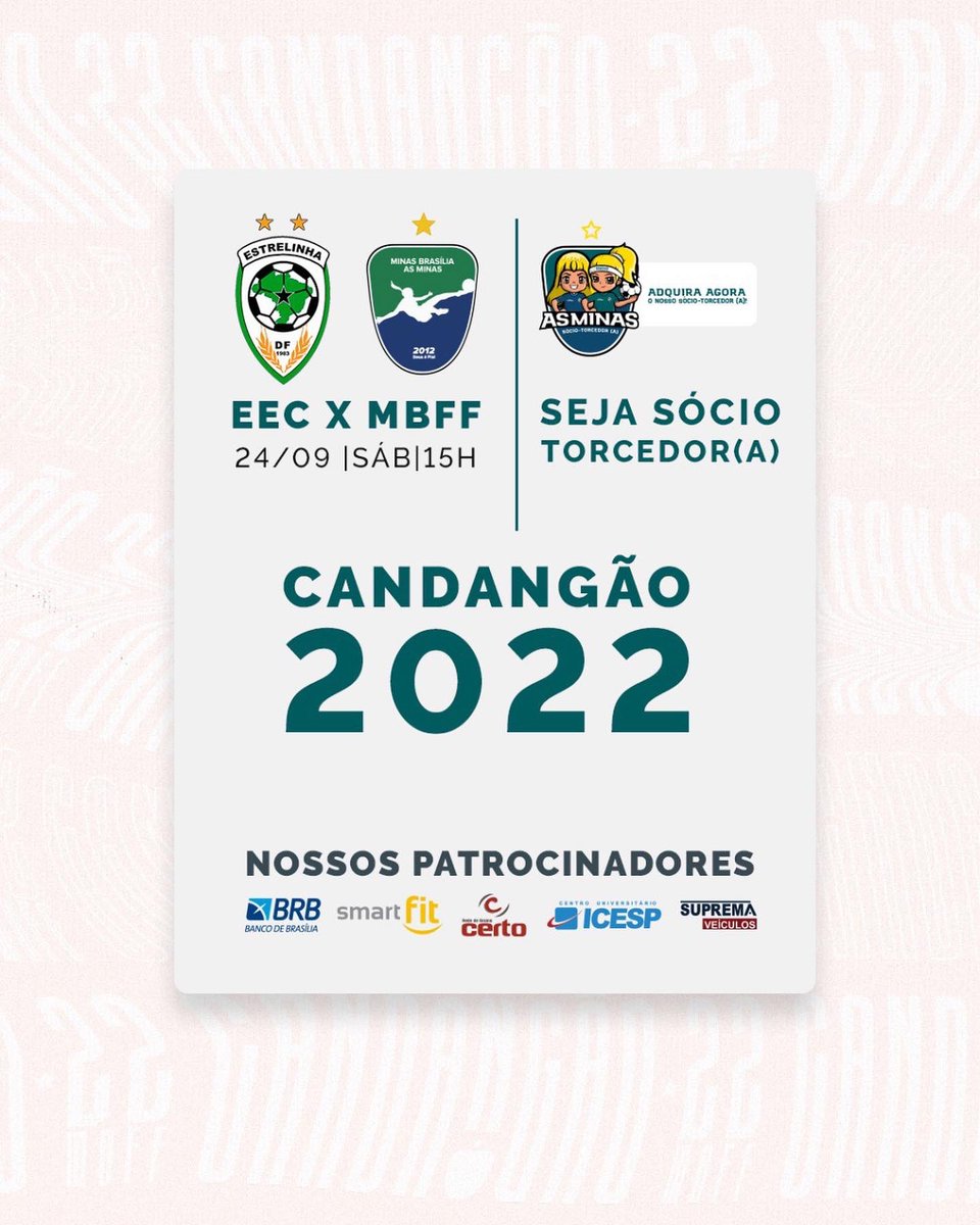 minasbrasiliaff's tweet photo. 🇸🇱4ª Rodada | CANDANGÃO 2022🇸🇱
⚽️ EST x MIN
🗓Sábado dia 24/09
⏰15:00h
🏟Jaguar
📺NÃO haverá Transmissão
Portões fechados.
✨💚💙🇸🇱
#RespeitaAsMinas #ACasaDaBase https://t.co/pNi0XcSric