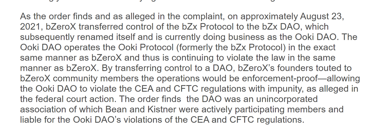 punk6529's tweet photo. 1/ The CFTC bZX/OoKi enforcement action is interesting because of the last paragraph, namely that the CFTC just looked through the DAO or "DAO" and said it is an unincorporated association and the individuals are responsible.

https://t.co/jACROWxdJn https://t.co/iXRVdKpLMR