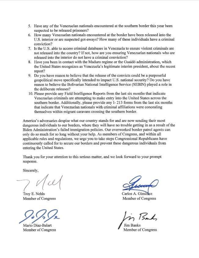 RepTroyNehls's tweet photo. 🚨 I sent a letter with 13 of my @HouseGOP colleagues to @SecMayorkas demanding answers about Venezuela releasing violent prisoners early and pushing them to join caravans heading towards our southern border. 

We need transparency and accountability from this administration. https://t.co/zqx4yCtEP6