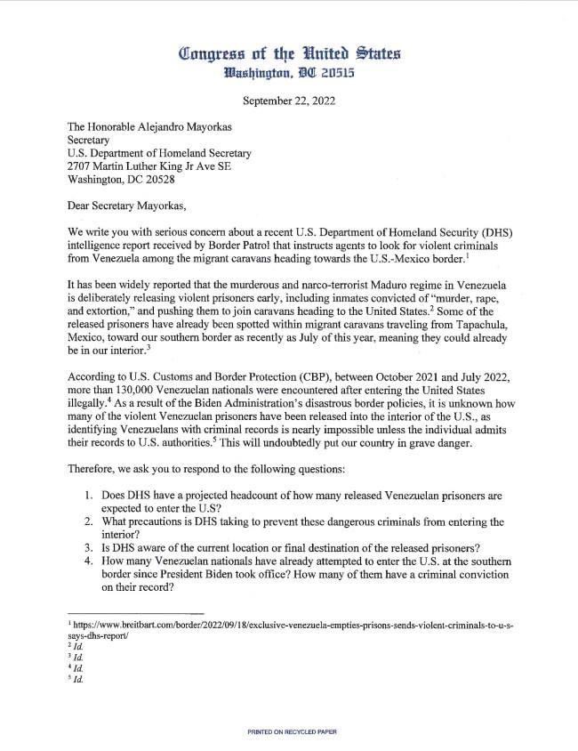 RepTroyNehls's tweet photo. 🚨 I sent a letter with 13 of my @HouseGOP colleagues to @SecMayorkas demanding answers about Venezuela releasing violent prisoners early and pushing them to join caravans heading towards our southern border. 

We need transparency and accountability from this administration. https://t.co/zqx4yCtEP6